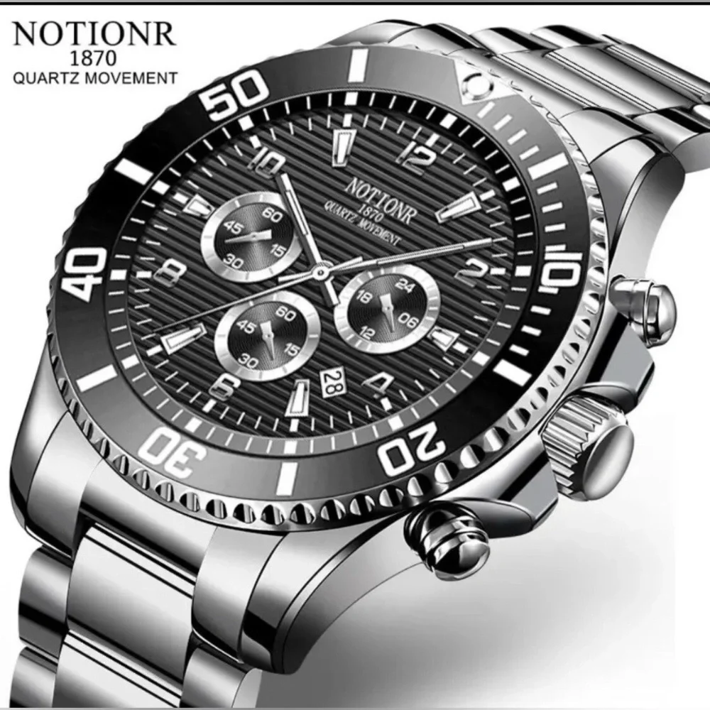 NOTIONR Black Dial Chronograph Silver Stainless Steel Quartz Watch